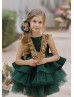 Gold Sequin Green Satin V Back Layered Flower Girl Dress